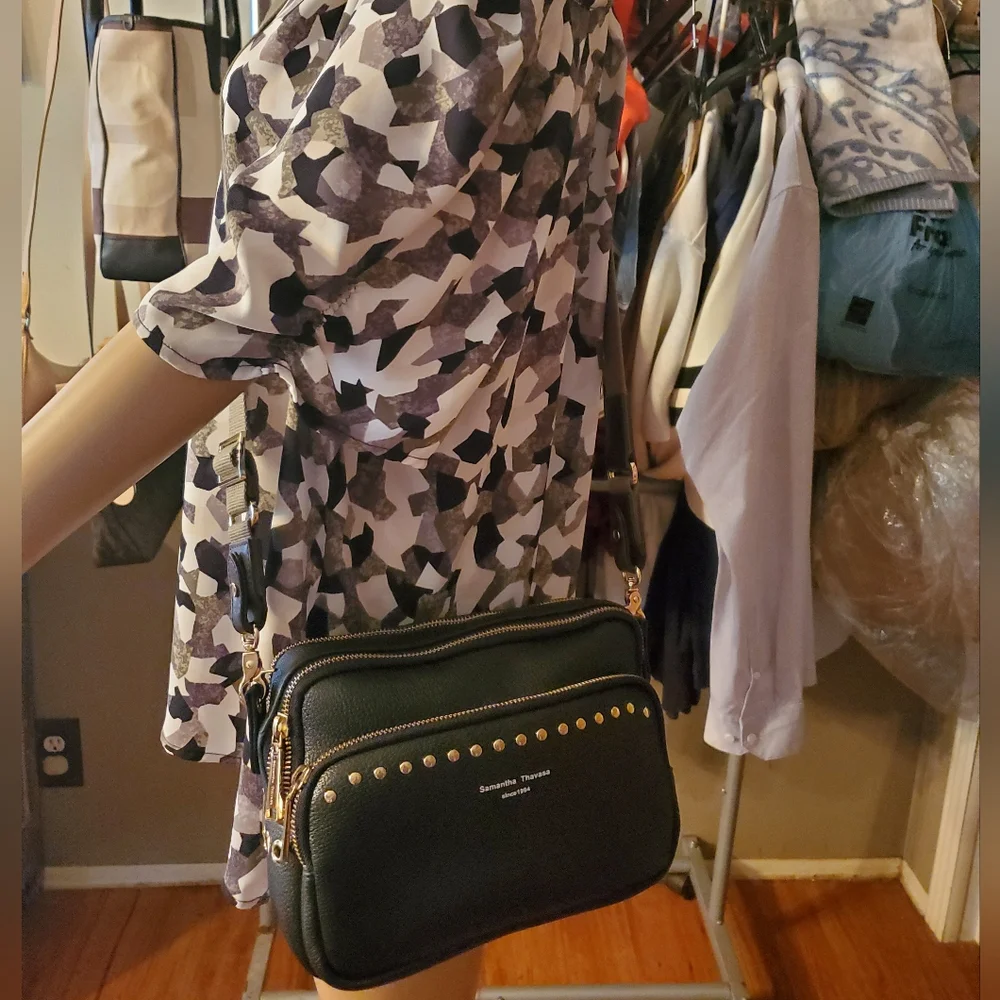 Samantha Thavasa Black Leather Studded Crossbody Bag